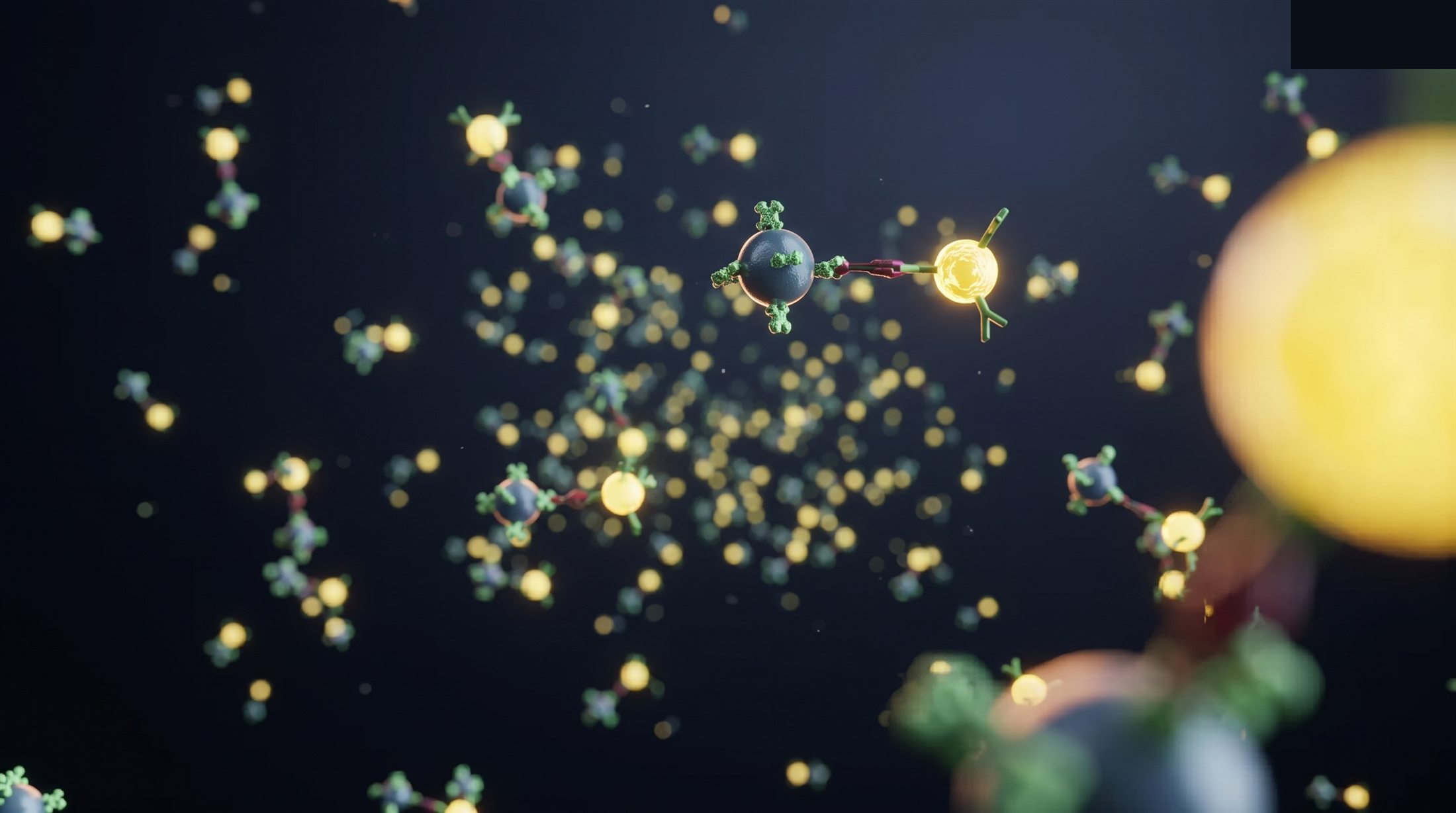 Micropartículas doadoras e receptoras em suspensão, ilustrando a reação de quimioluminescência do Smart CLIA